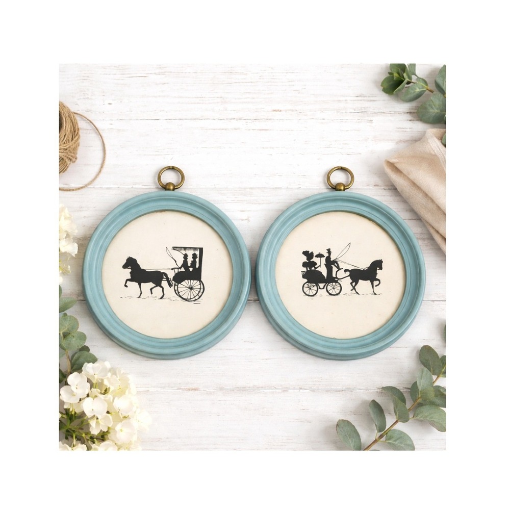 Vintage Horse Carriage Silhouette WallArt Pair Blue Round Frames Victorian Style